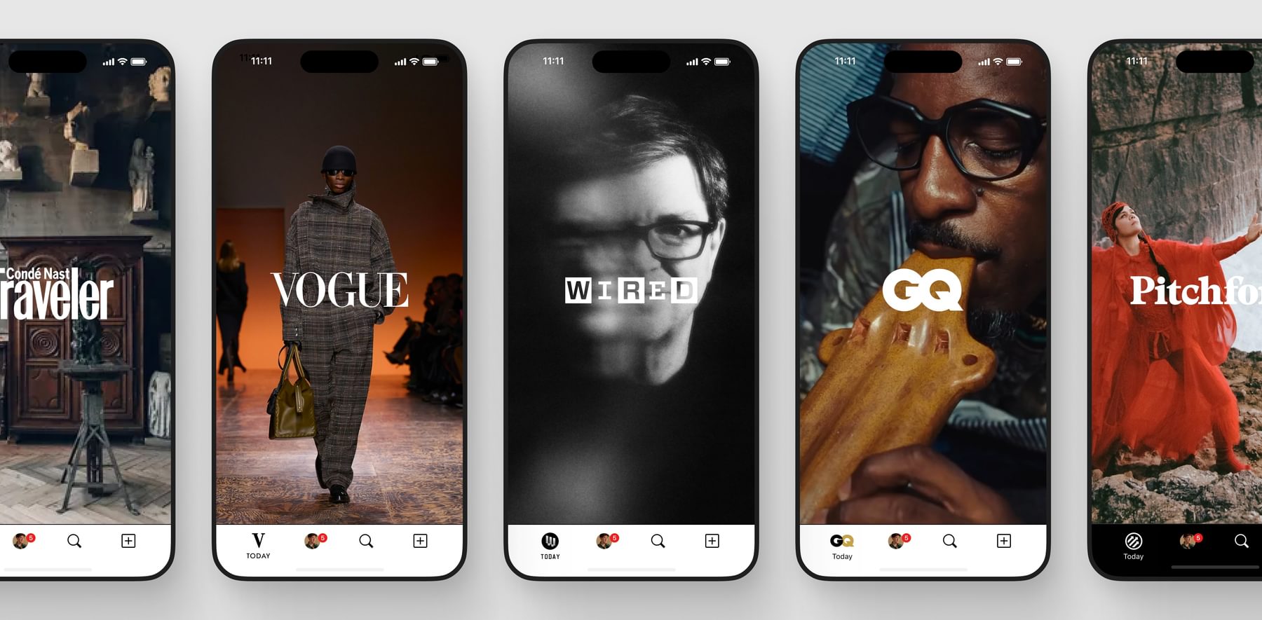 Mobile screens showing different articles and images.