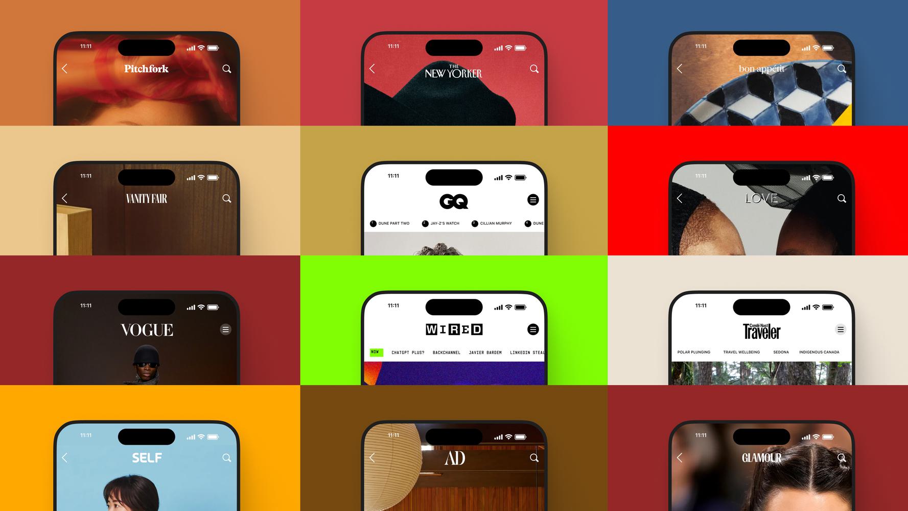 Mobile screens showing different articles and images on a colorful background.