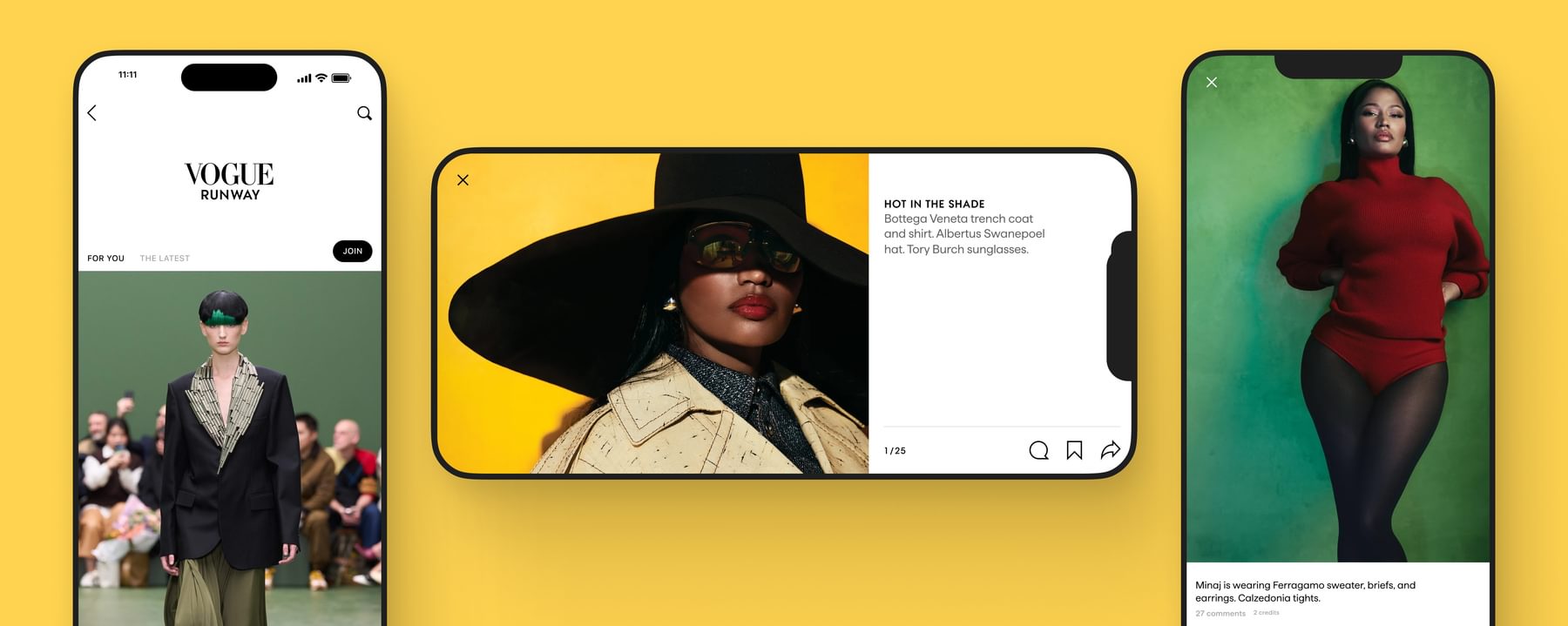 Mobile screens showing Vogue articles and imagery.