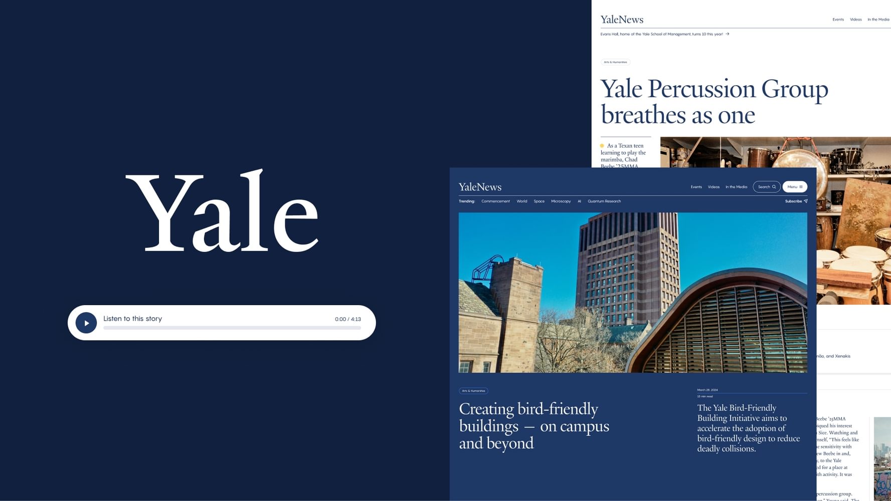 Screens of the new Yale News site.
