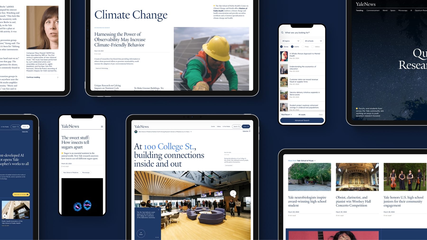 Screens of the new Yale News site.