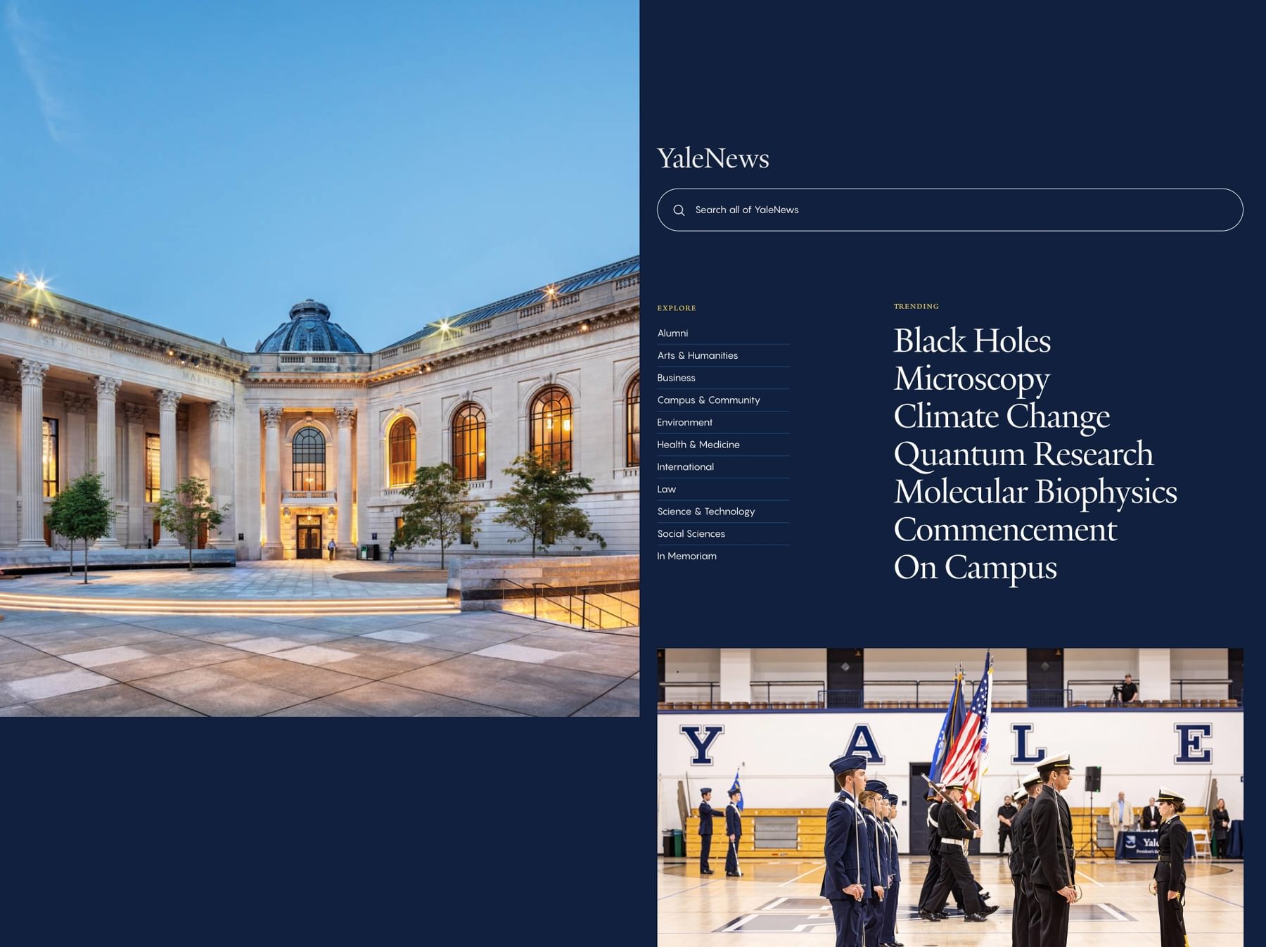 Screens of the new Yale News site.